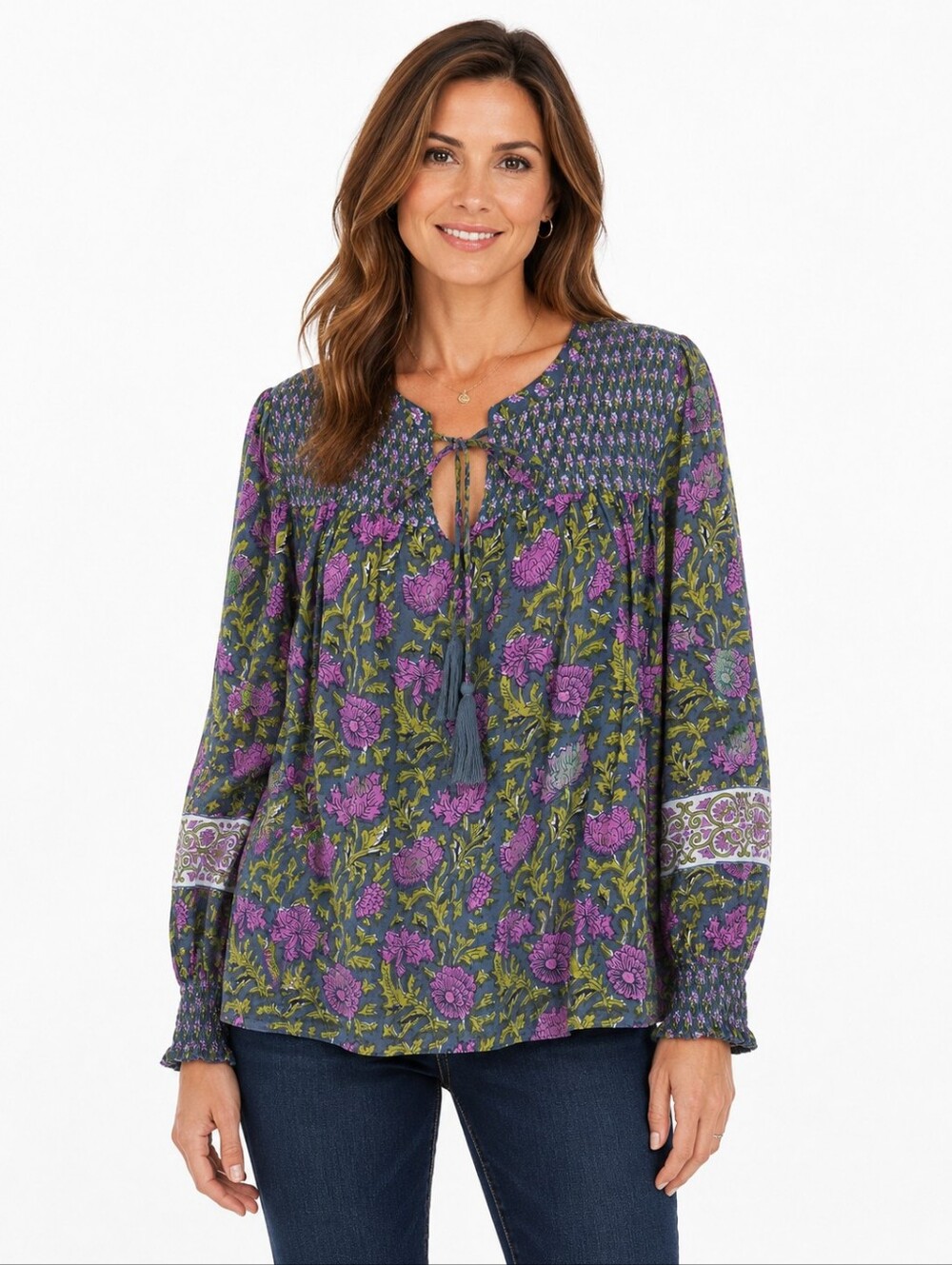 Rachel Zoe Floral Blouse Small Smocked Tassel Tie Boho Cotton Top
